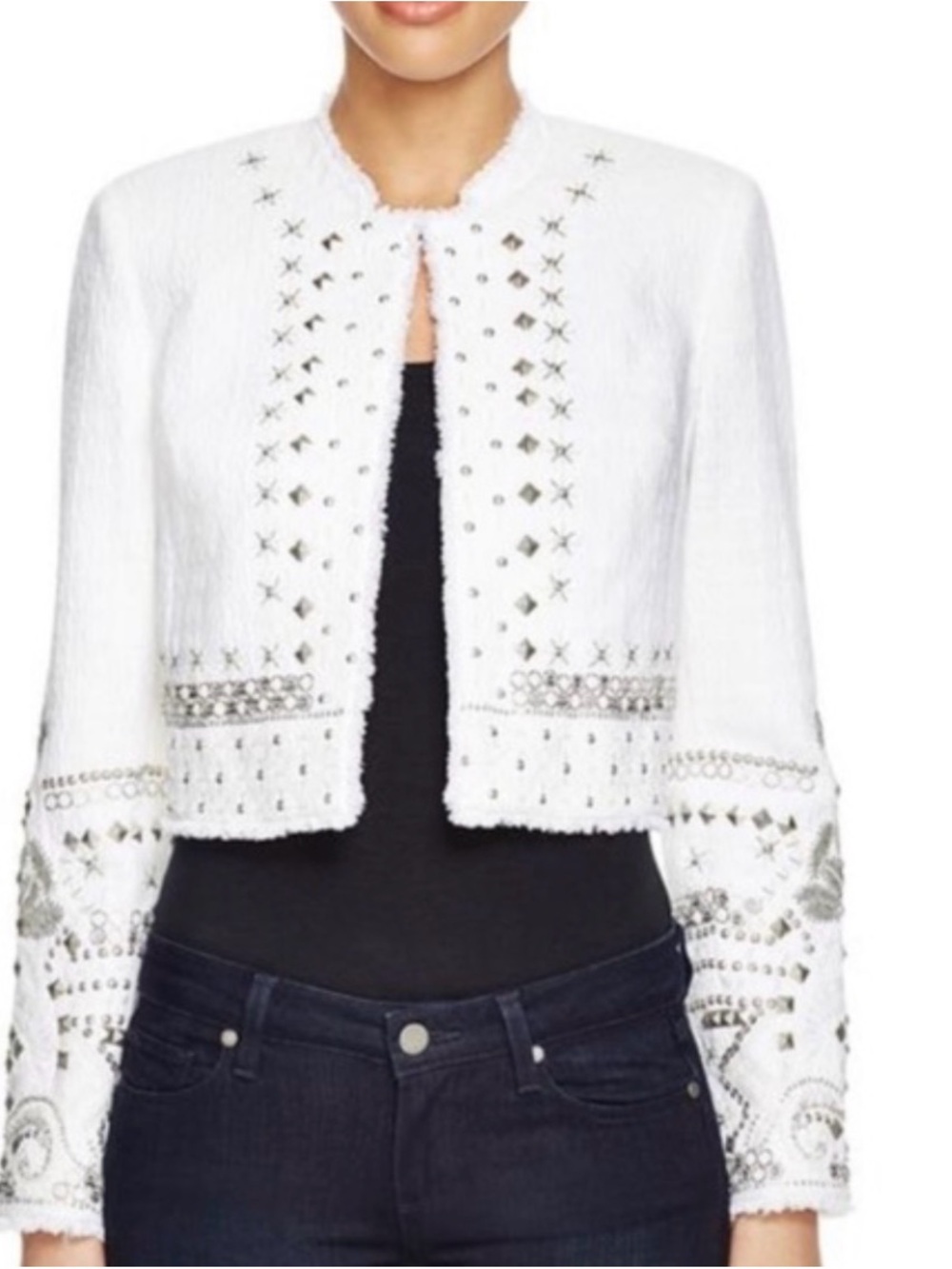 Elie Tahari White Embellished Cropped Tweed Jacket